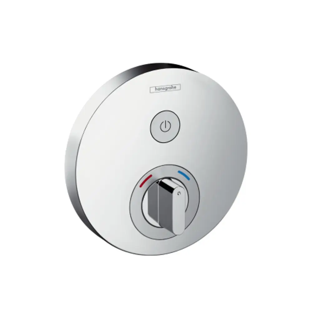 Chromfarbener Mischhebel von Hansgrohe für eine Dusche, mit Temperaturregelung in rot und blau, und einem Ein-/Ausschalter in der Mitte.